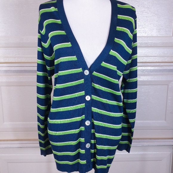 Michael Kors Green and Navy Striped Vtg Cardigan - Picture 1 of 6